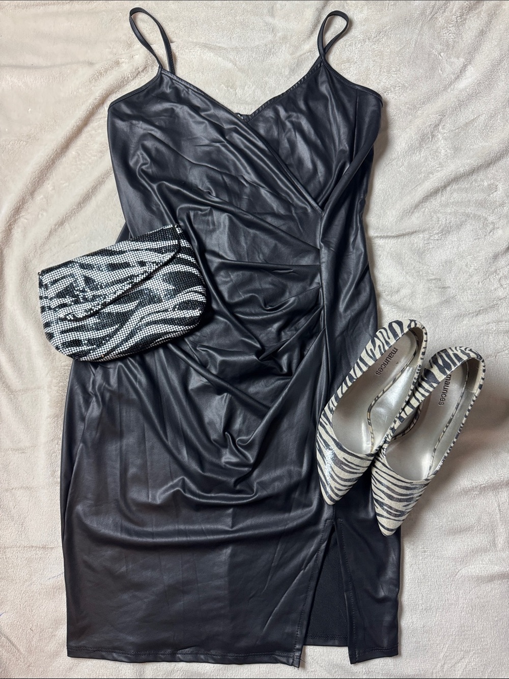 Fashion Nova Black Faux Leather Midi Slip Dress with Spaghetti Straps